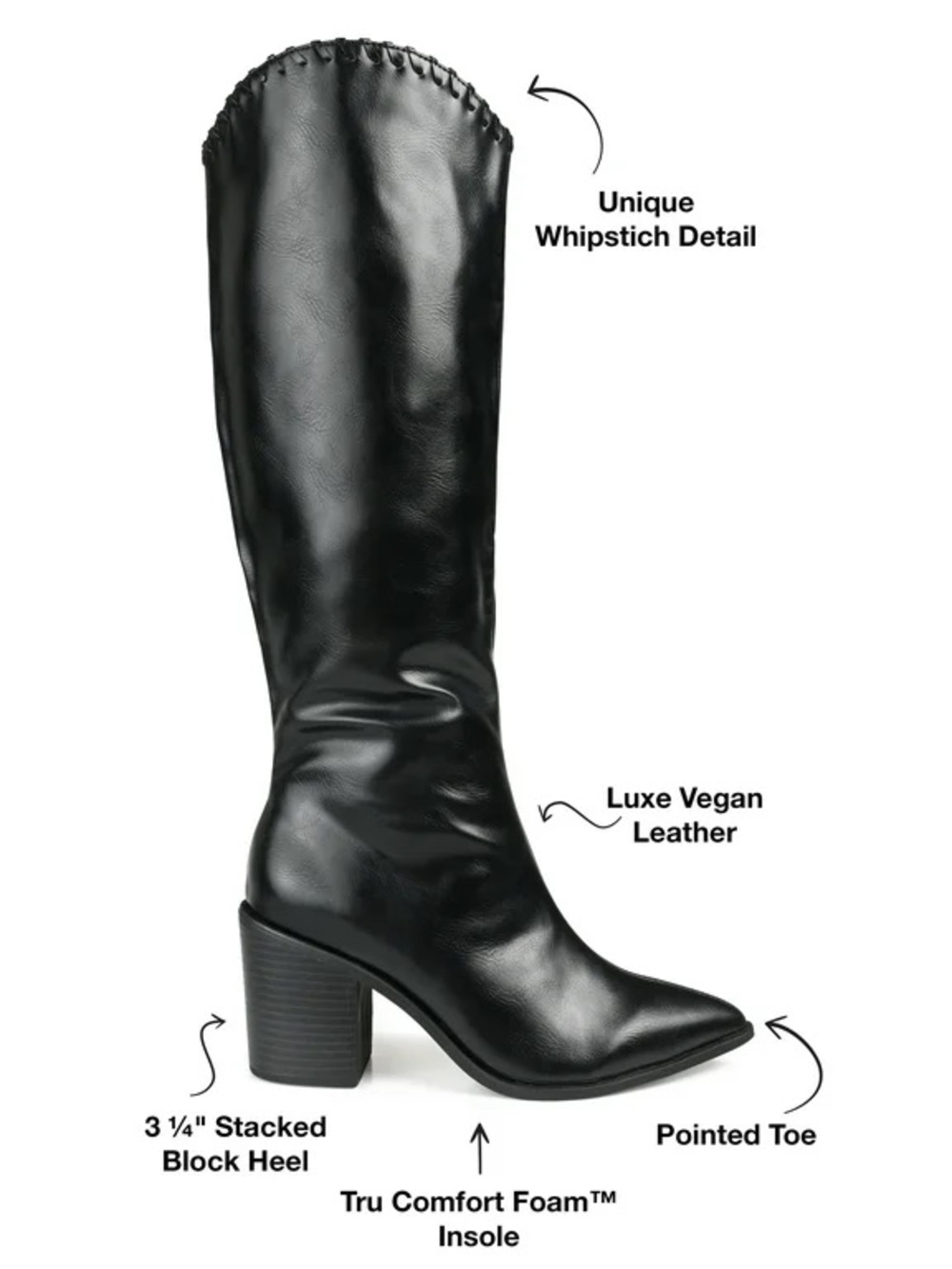 Black Vegan Leather Knee-High Block Heel Boots